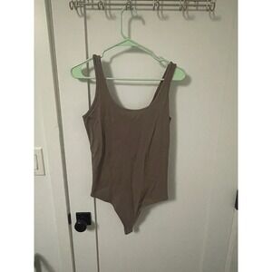 Abercrombie Fitch Ribbed Tank Bodysuit Taupe XL Snap Closure Thong